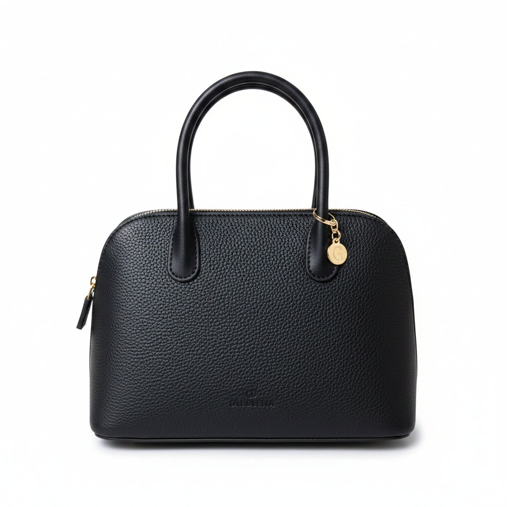 Textured black women's top handle handbag showing the back view with subtle brand logo