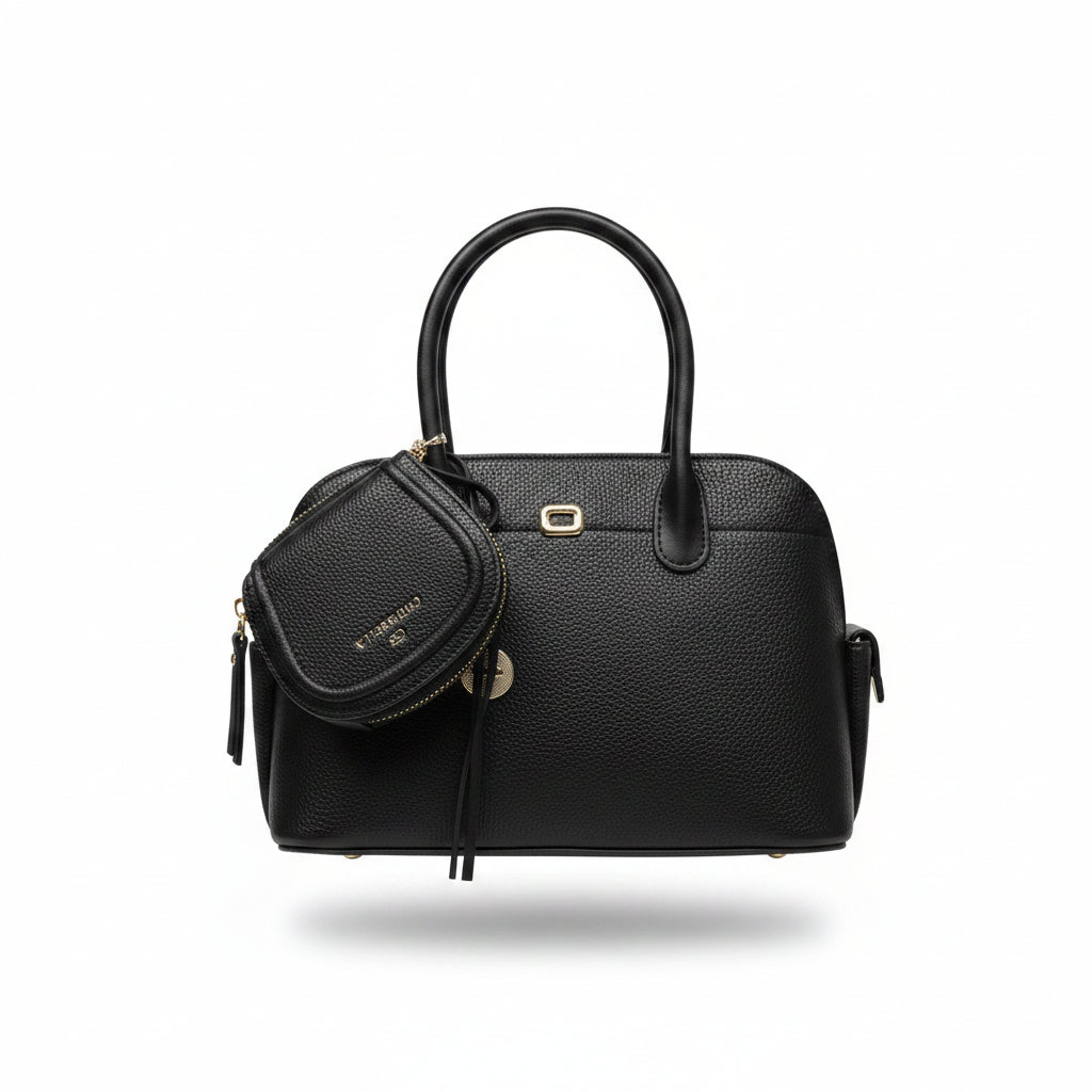 Textured black women's top handle handbag front view featuring a gold hardware accent and attached coin pouch
