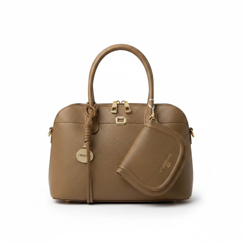 Front view of the textured brown women's handbag with dual zippers and attached matching pouch