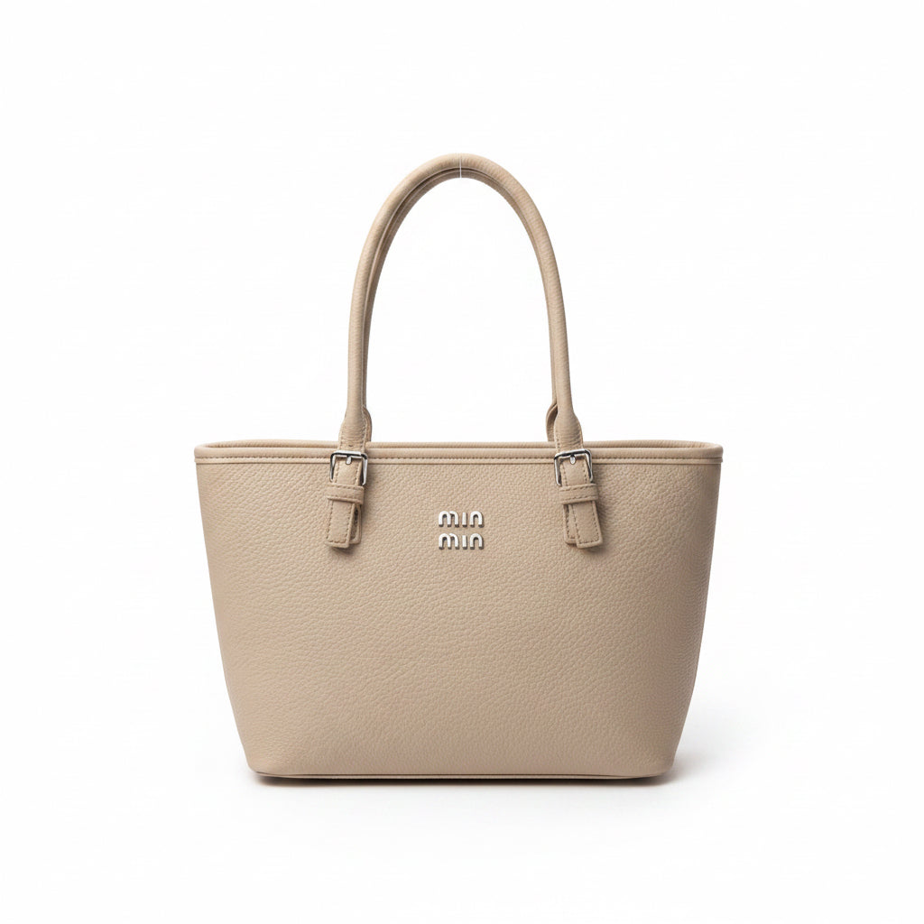 Womens beige tote bag shoulder purse made of textured faux leather with double handles and silver details