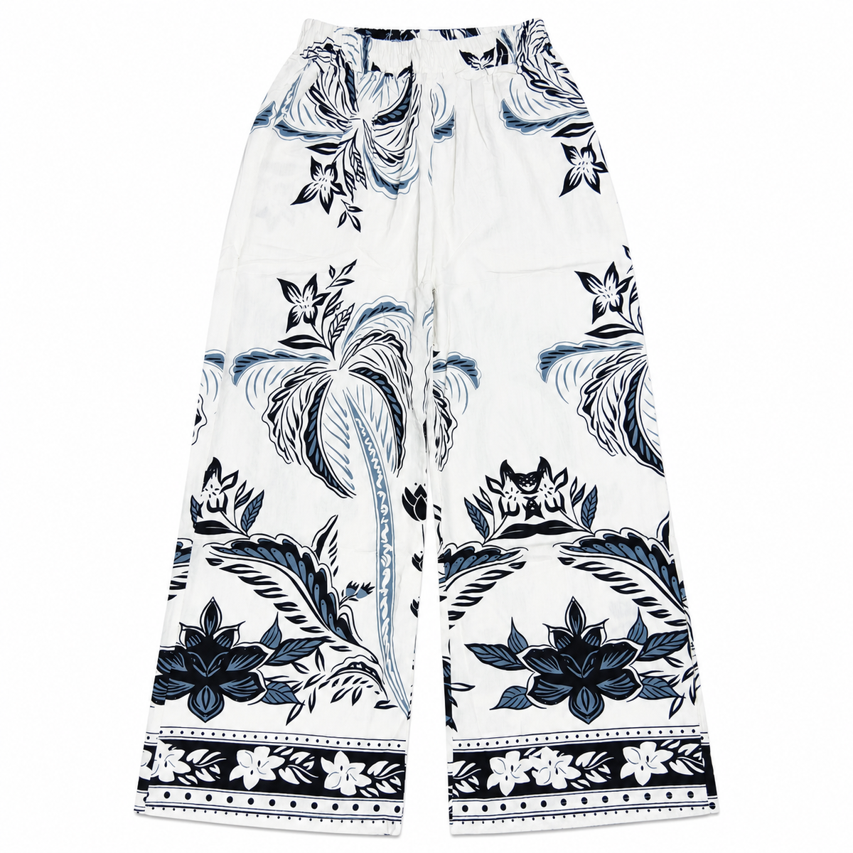 Women's tropical print wide-leg pants in white and blue