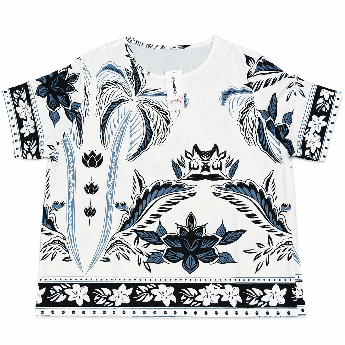 Women's tropical print short-sleeve top in white and blue