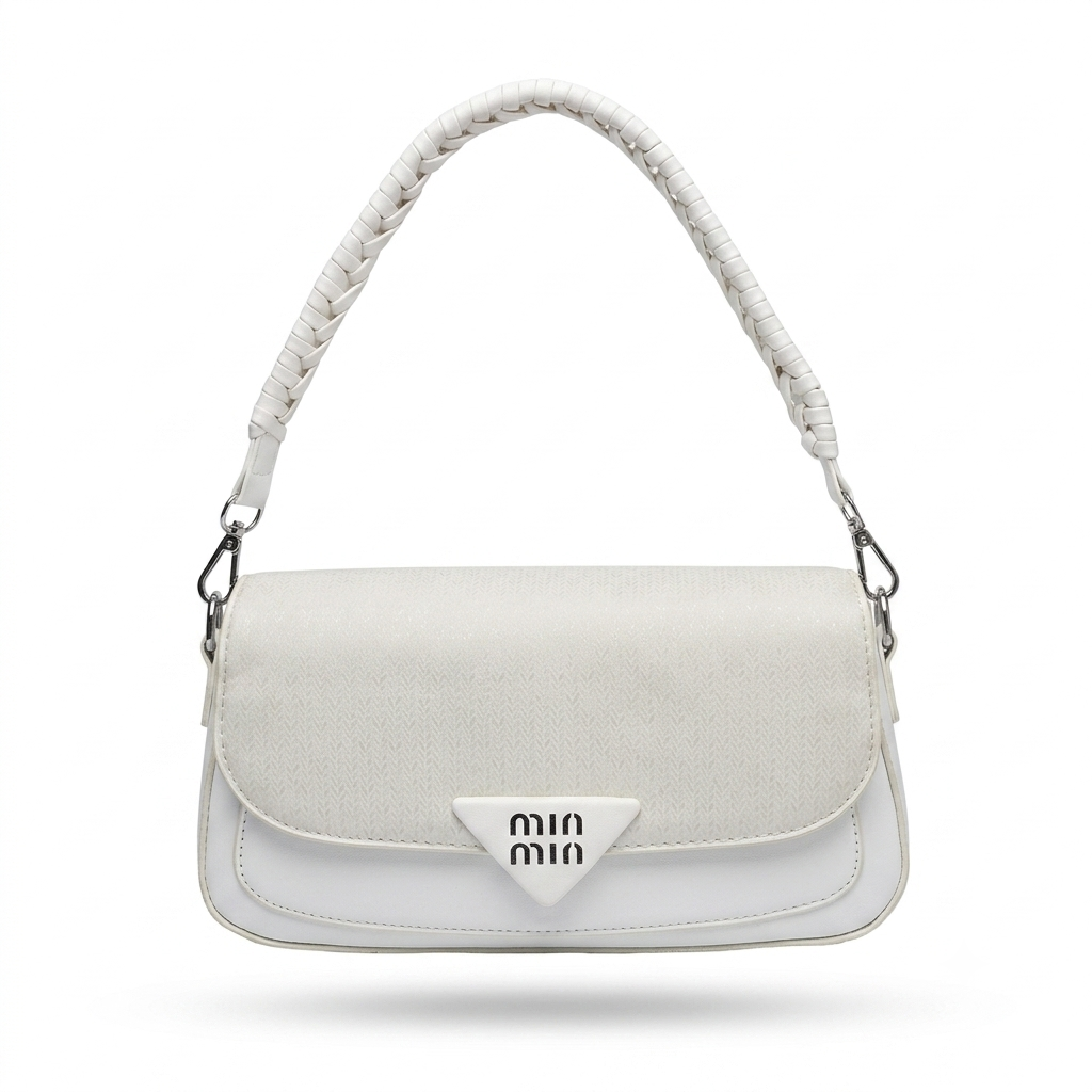 A white Miu Miu shoulder bag with a textured flap, a white braided shoulder strap, and a silver-tone triangular logo plate on the front.