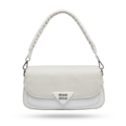 A white Miu Miu shoulder bag with a textured flap, a white braided shoulder strap, and a silver-tone triangular logo plate on the front.