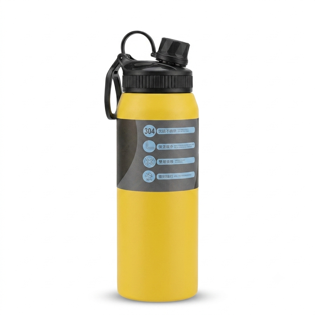 A yellow insulated water bottle with a black screw cap and carrying loop, featuring a dark gray label with blue text and icons, shown on a white background.