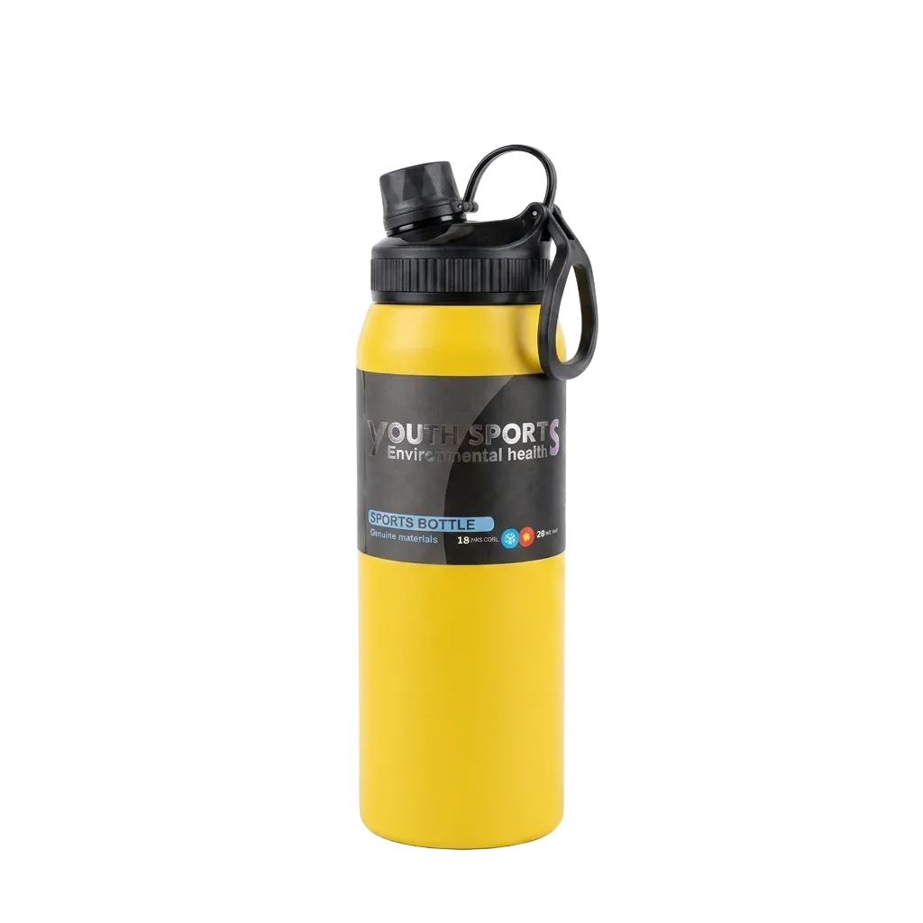 A yellow reusable water bottle with a black screw cap and carrying loop, featuring a black label that reads 'YOUTH SPORTS Environmental Education' and 'COOLER BOTTLE'.